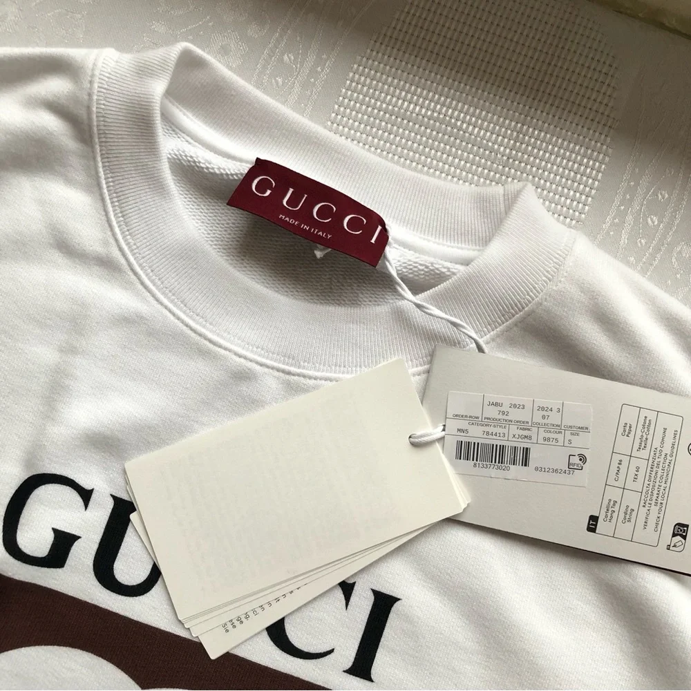 Gucci Logo GG Men’s Size S Felted Cotton Jersey White/Brown Sweatshirt Pullover